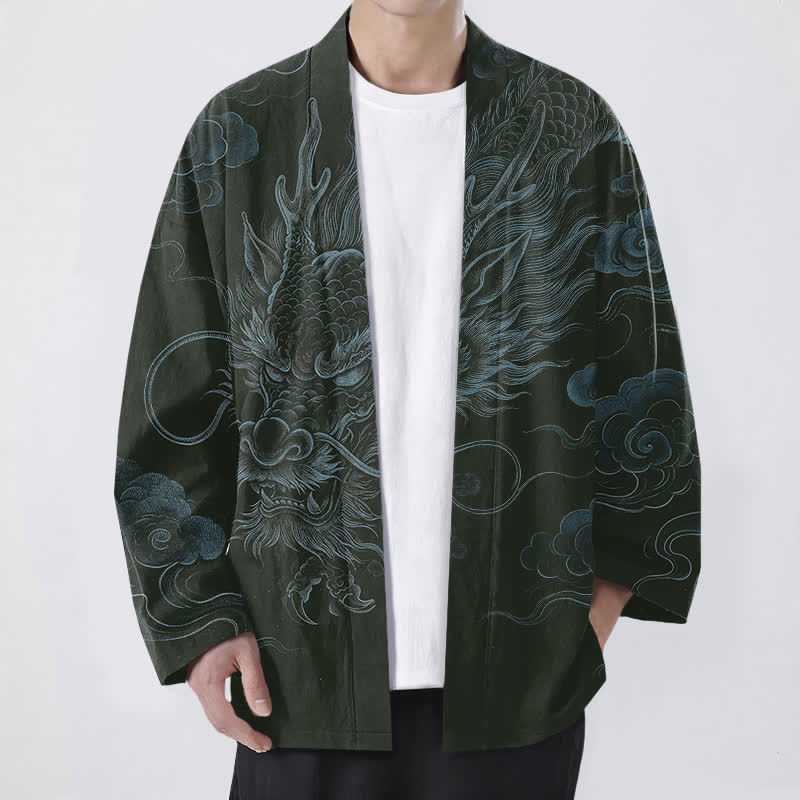 Buddha Stones Baumwollkimono mit antikem Drachennebelmuster und offener Vorderseite für Herren - Dunkelgrün - US/UK/AU48, EU58 (4XL) - image 6