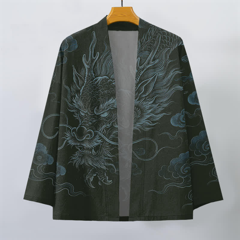 Buddha Stones Baumwollkimono mit antikem Drachennebelmuster und offener Vorderseite für Herren - image 7