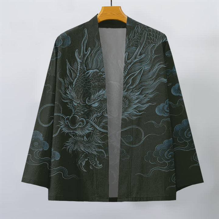 Buddha Stones Baumwollkimono mit antikem Drachennebelmuster und offener Vorderseite für Herren - image 7