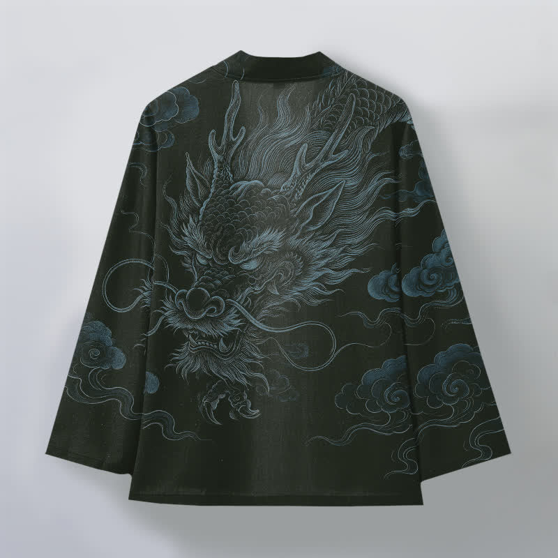 Buddha Stones Baumwollkimono mit antikem Drachennebelmuster und offener Vorderseite für Herren - image 8