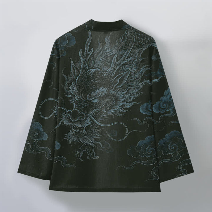 Buddha Stones Baumwollkimono mit antikem Drachennebelmuster und offener Vorderseite für Herren - image 8