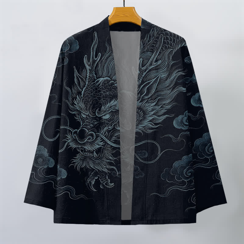 Buddha Stones Baumwollkimono mit antikem Drachennebelmuster und offener Vorderseite für Herren - image 10