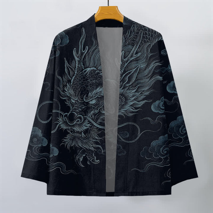 Buddha Stones Baumwollkimono mit antikem Drachennebelmuster und offener Vorderseite für Herren - image 10