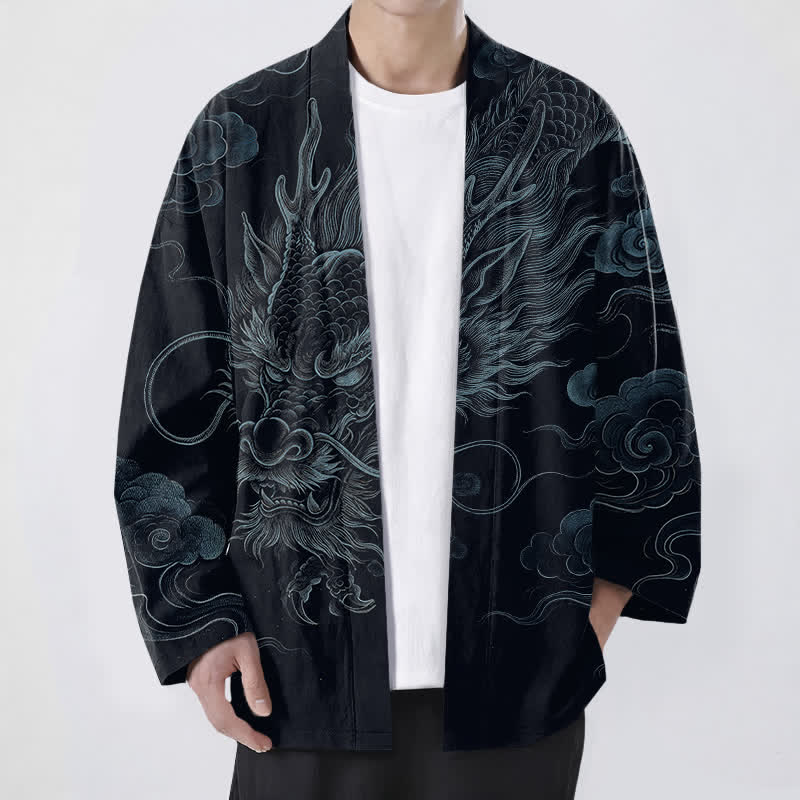 Buddha Stones Baumwollkimono mit antikem Drachennebelmuster und offener Vorderseite für Herren - Schwarz - US/UK/AU48, EU58 (4XL) - image 9
