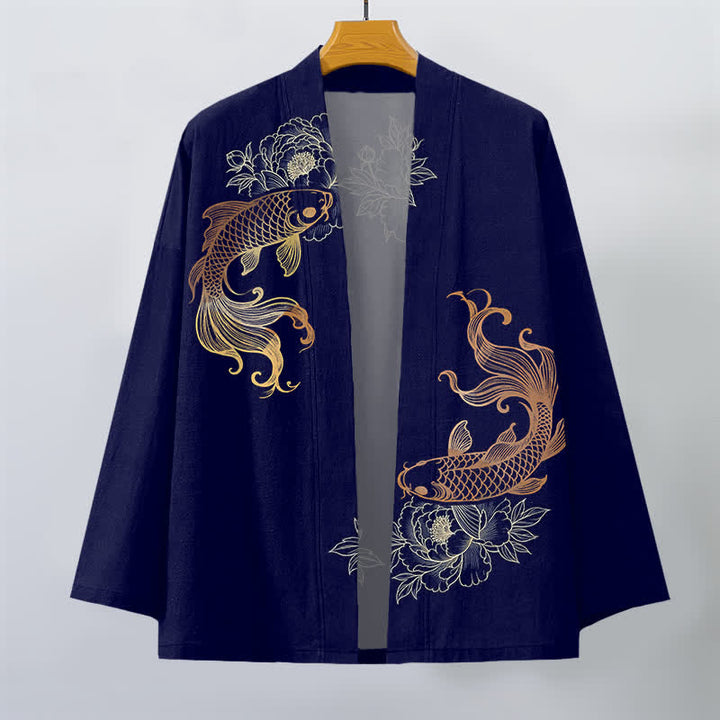 Buddha Stones Kimono aus Baumwolle mit zwei Koi-Blütenmustern und offener Vorderseite für Herren - image 1