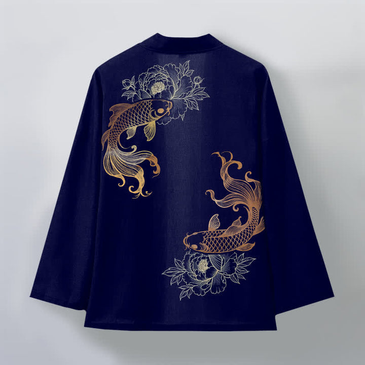 Buddha Stones Kimono aus Baumwolle mit zwei Koi-Blütenmustern und offener Vorderseite für Herren - image 2