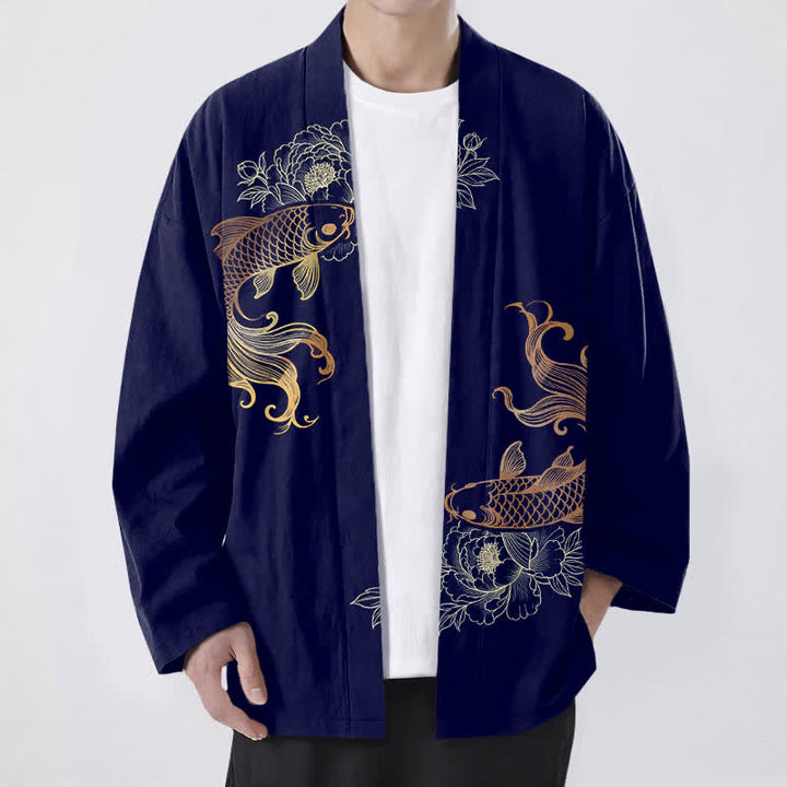 Buddha Stones Kimono aus Baumwolle mit zwei Koi-Blütenmustern und offener Vorderseite für Herren - Marine - US/UK/AU48, EU58 (4XL) - image 0