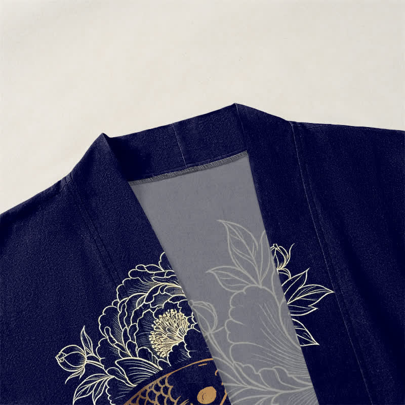 Buddha Stones Kimono aus Baumwolle mit zwei Koi-Blütenmustern und offener Vorderseite für Herren - image 3