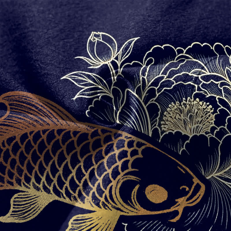 Buddha Stones Kimono aus Baumwolle mit zwei Koi-Blütenmustern und offener Vorderseite für Herren - image 5