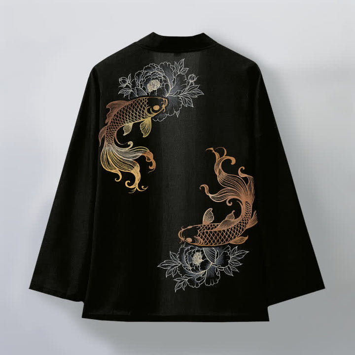 Buddha Stones Kimono aus Baumwolle mit zwei Koi-Blütenmustern und offener Vorderseite für Herren - image 8