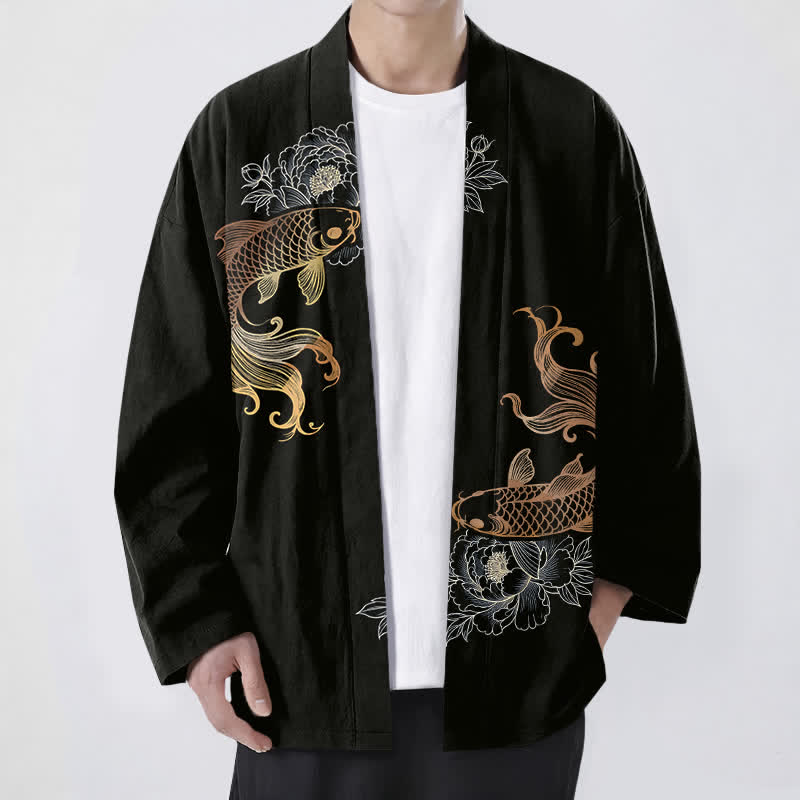 Buddha Stones Kimono aus Baumwolle mit zwei Koi-Blütenmustern und offener Vorderseite für Herren - Schwarz - US/UK/AU48, EU58 (4XL) - image 6