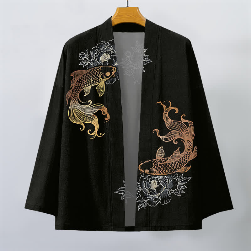 Buddha Stones Kimono aus Baumwolle mit zwei Koi-Blütenmustern und offener Vorderseite für Herren - image 7
