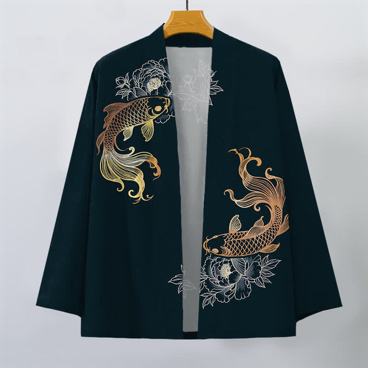 Buddha Stones Kimono aus Baumwolle mit zwei Koi-Blütenmustern und offener Vorderseite für Herren - image 10