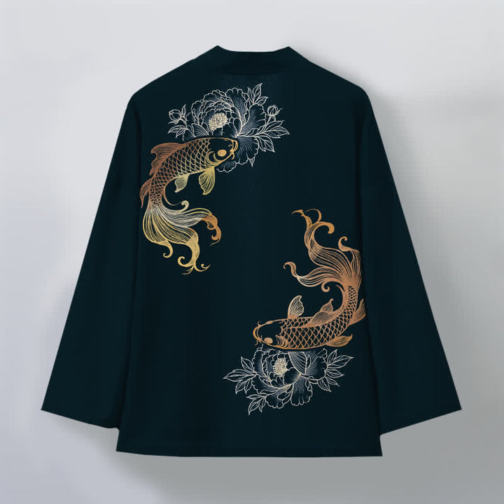 Buddha Stones Kimono aus Baumwolle mit zwei Koi-Blütenmustern und offener Vorderseite für Herren - image 11