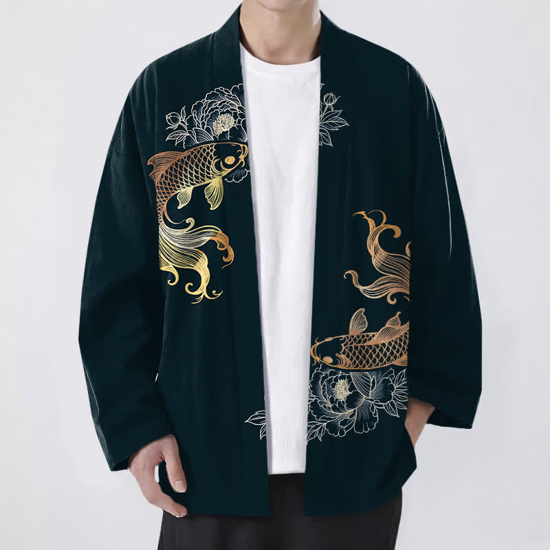 Buddha Stones Kimono aus Baumwolle mit zwei Koi-Blütenmustern und offener Vorderseite für Herren - Dunkelgrau - US/UK/AU48, EU58 (4XL) - image 9