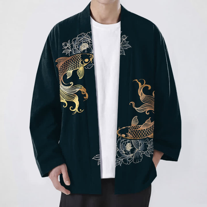 Buddha Stones Kimono aus Baumwolle mit zwei Koi-Blütenmustern und offener Vorderseite für Herren - Dunkelgrau - US/UK/AU48, EU58 (4XL) - image 9