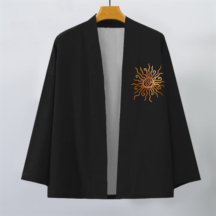 Buddha Stones Kimono aus Baumwolle mit goldenem Sonnenmuster und offener Vorderseite für Herren - image 1