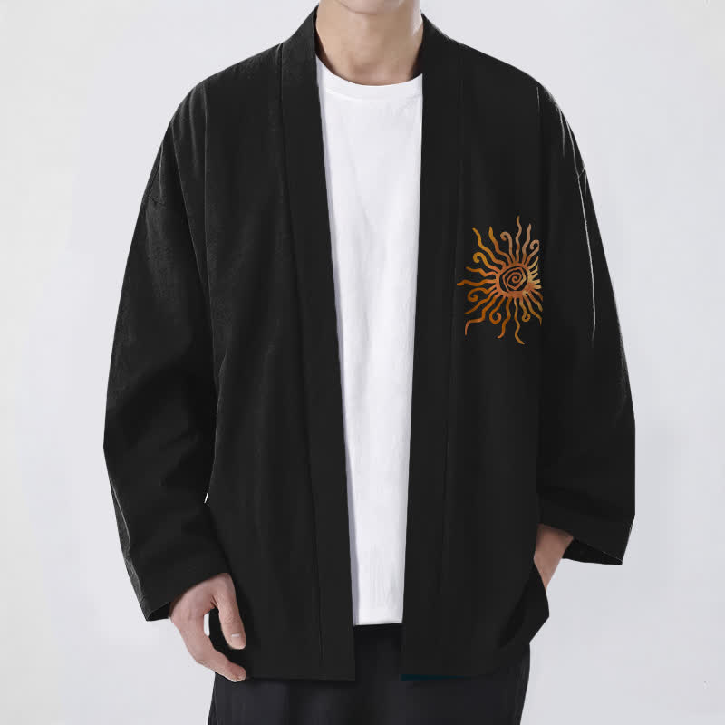 Buddha Stones Kimono aus Baumwolle mit goldenem Sonnenmuster und offener Vorderseite für Herren - Schwarz - US/UK/AU48, EU58 (4XL) - image 0