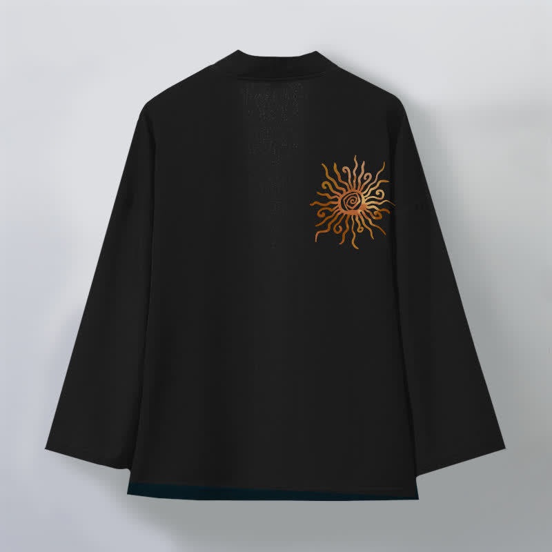 Buddha Stones Kimono aus Baumwolle mit goldenem Sonnenmuster und offener Vorderseite für Herren - image 2