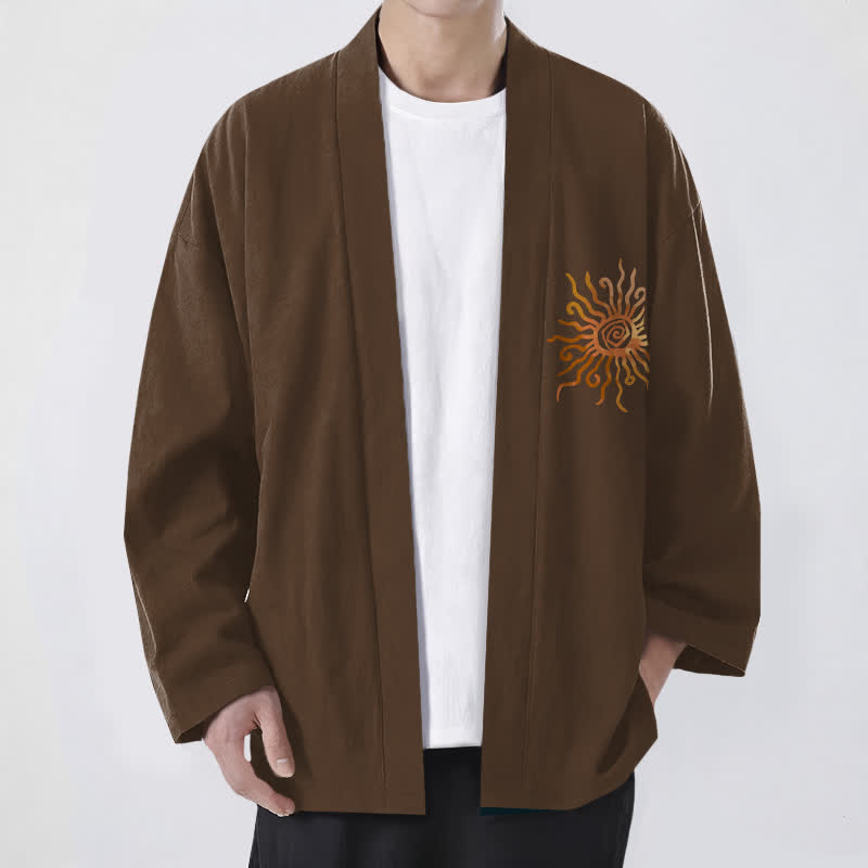 Buddha Stones Kimono aus Baumwolle mit goldenem Sonnenmuster und offener Vorderseite für Herren - Sattelbraun - US/UK/AU48, EU58 (4XL) - image 6