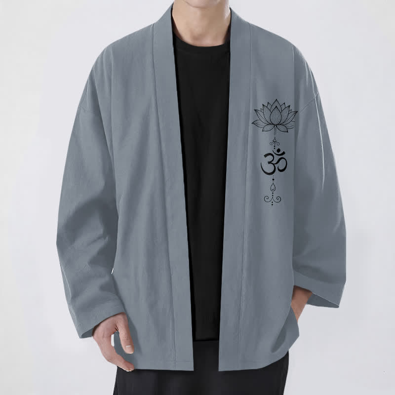 Buddha Stones Kimono aus Baumwolle mit Zen-Lotusmuster und offener Vorderseite für Herren - Schiefergrau - US/UK/AU48, EU58 (4XL) - image 0