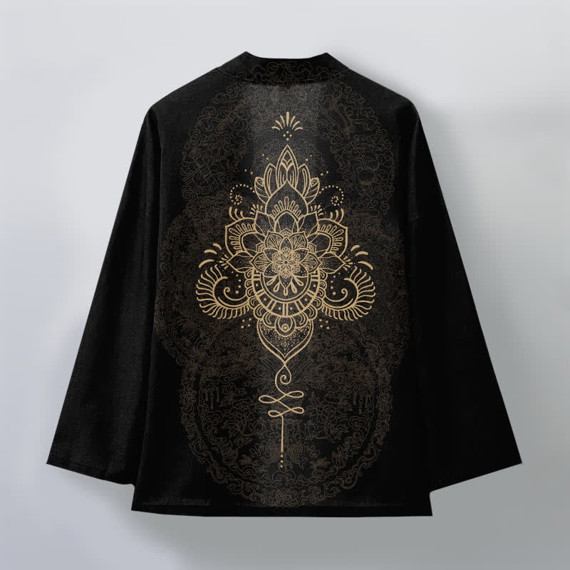 Buddha Stones Kimono aus Baumwolle mit symmetrischem, floralem Mandala-Muster und offener Vorderseite für Herren - image 2