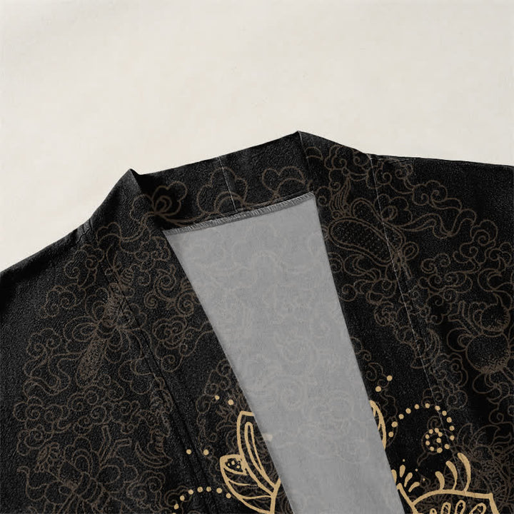 Buddha Stones Kimono aus Baumwolle mit symmetrischem, floralem Mandala-Muster und offener Vorderseite für Herren - image 3