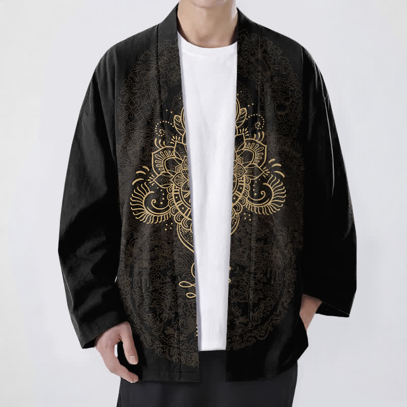 Buddha Stones Kimono aus Baumwolle mit symmetrischem, floralem Mandala-Muster und offener Vorderseite für Herren - Schwarz - US/UK/AU48, EU58 (4XL) - image 0
