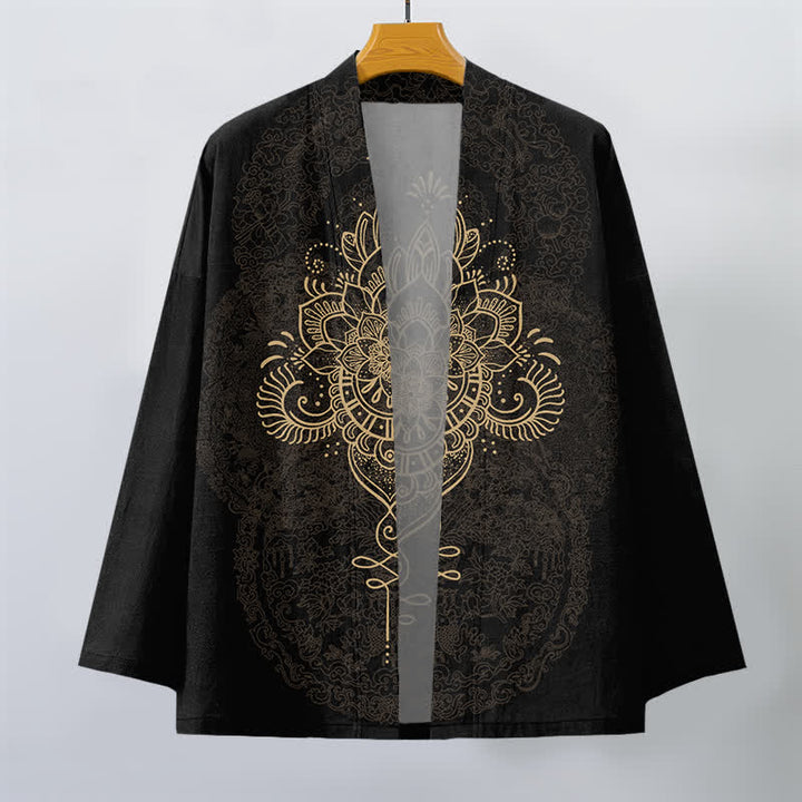 Buddha Stones Kimono aus Baumwolle mit symmetrischem, floralem Mandala-Muster und offener Vorderseite für Herren - image 1