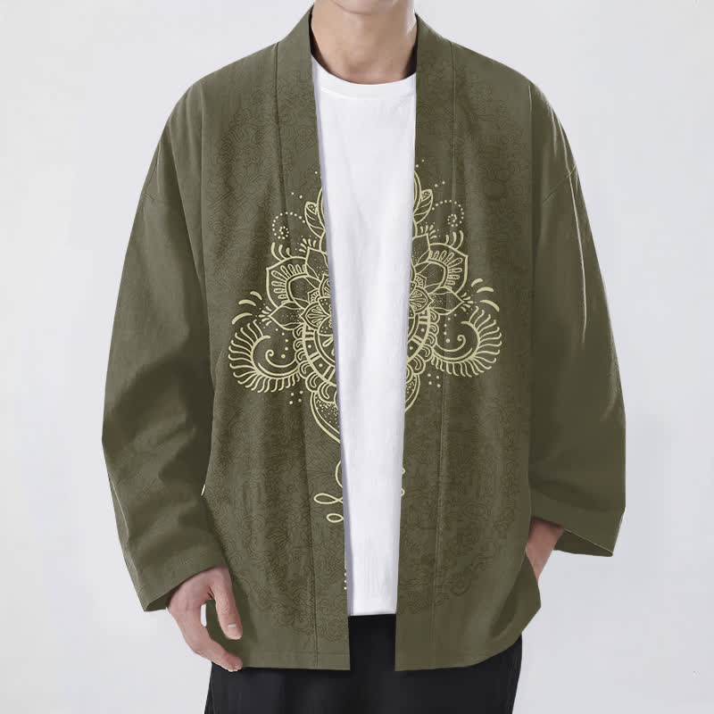 Buddha Stones Kimono aus Baumwolle mit symmetrischem, floralem Mandala-Muster und offener Vorderseite für Herren - Olive - US/UK/AU48, EU58 (4XL) - image 6