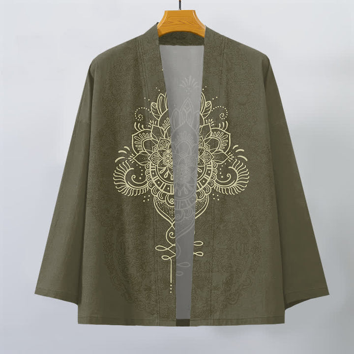 Buddha Stones Kimono aus Baumwolle mit symmetrischem, floralem Mandala-Muster und offener Vorderseite für Herren - image 7