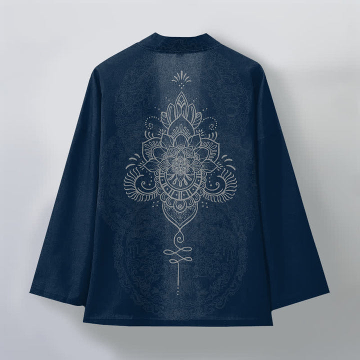 Buddha Stones Kimono aus Baumwolle mit symmetrischem, floralem Mandala-Muster und offener Vorderseite für Herren - image 11