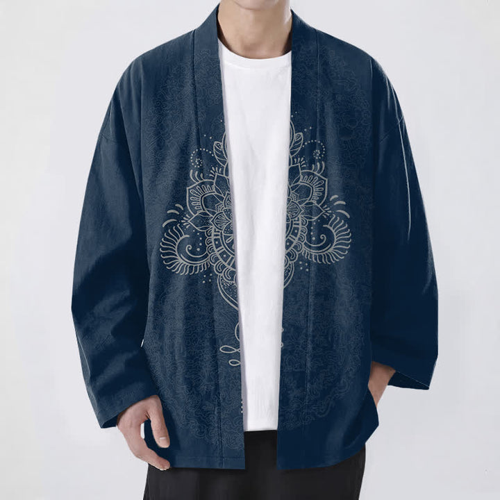 Buddha Stones Kimono aus Baumwolle mit symmetrischem, floralem Mandala-Muster und offener Vorderseite für Herren - Marine - US/UK/AU48, EU58 (4XL) - image 9