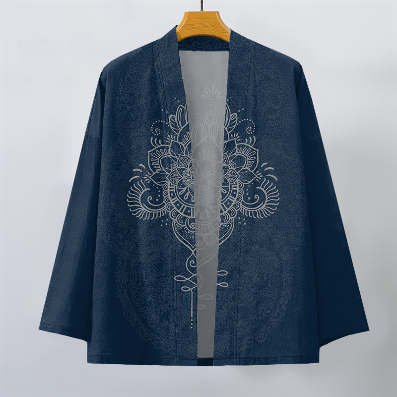 Buddha Stones Kimono aus Baumwolle mit symmetrischem, floralem Mandala-Muster und offener Vorderseite für Herren - image 10