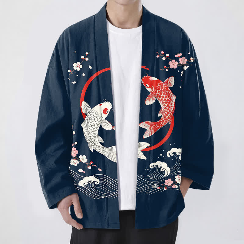 Buddha Stones Baumwollkimono für Herren mit zwei Koi-Karpfen, Sakura-Wellenmuster und offener Vorderseite - Marine - US/UK/AU48, EU58 (4XL) - image 0
