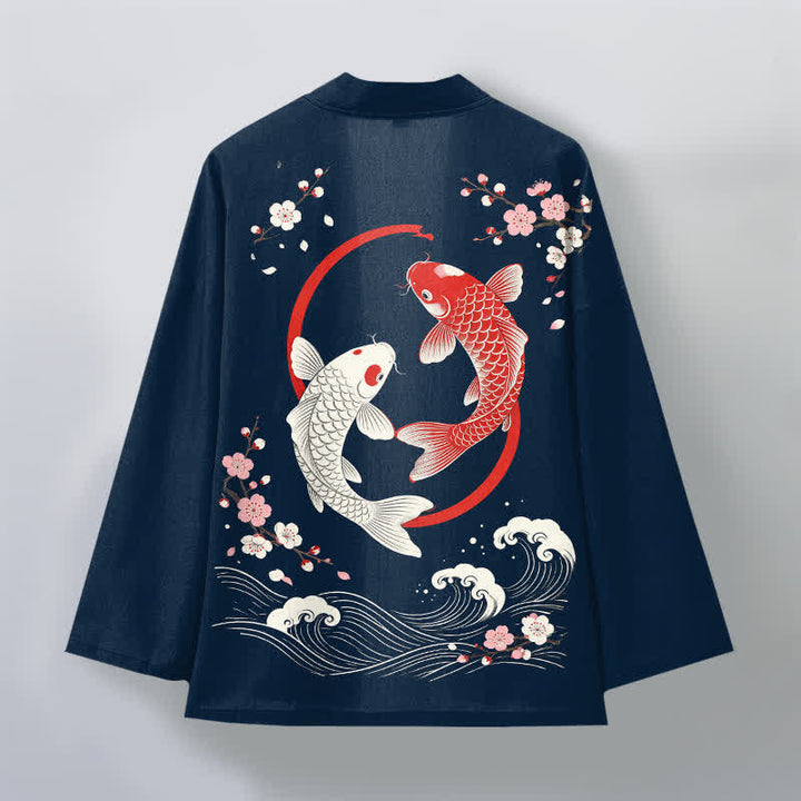 Buddha Stones Baumwollkimono für Herren mit zwei Koi-Karpfen, Sakura-Wellenmuster und offener Vorderseite - image 2