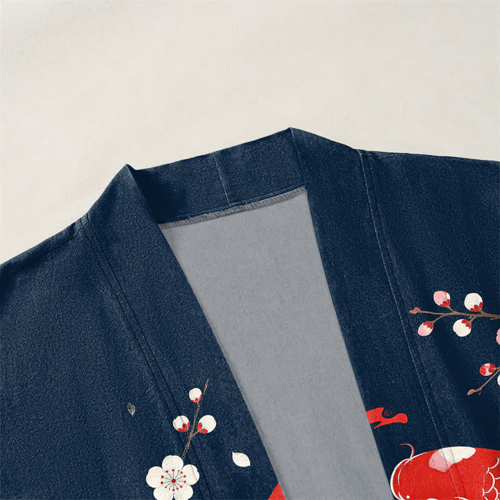 Buddha Stones Baumwollkimono für Herren mit zwei Koi-Karpfen, Sakura-Wellenmuster und offener Vorderseite - image 3