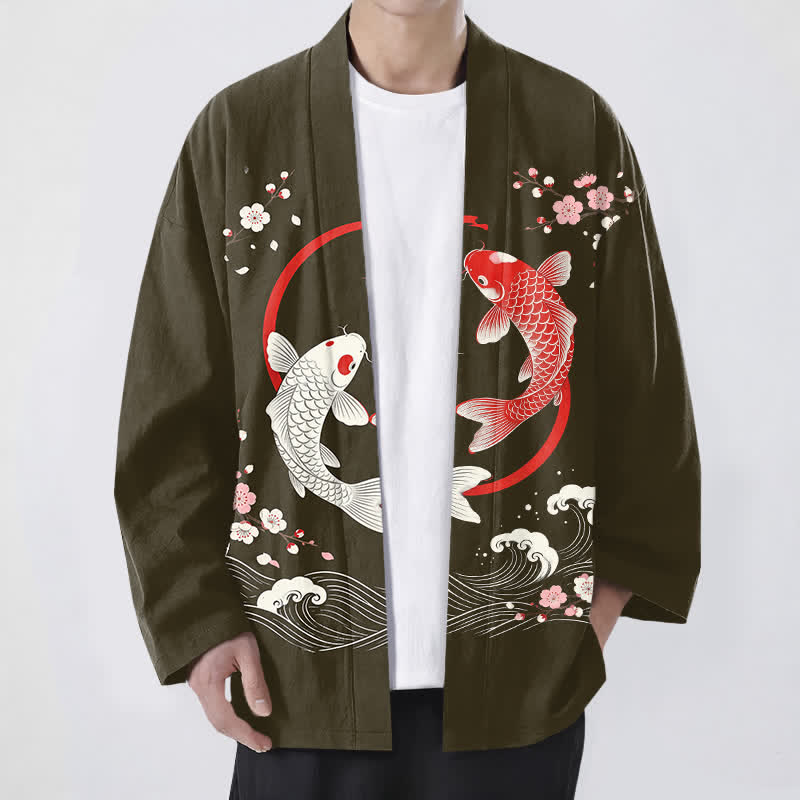 Buddha Stones Baumwollkimono für Herren mit zwei Koi-Karpfen, Sakura-Wellenmuster und offener Vorderseite - Olive - US/UK/AU48, EU58 (4XL) - image 6