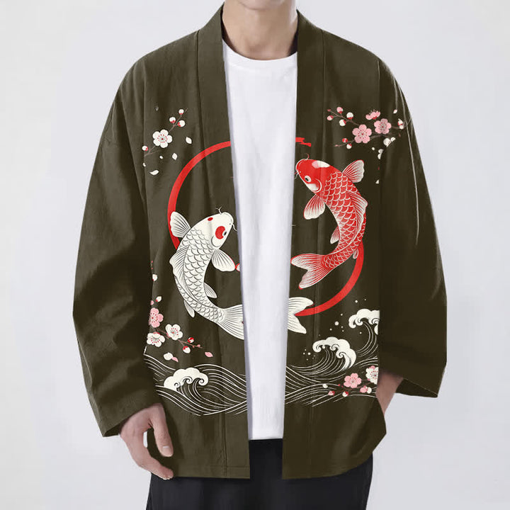 Buddha Stones Baumwollkimono für Herren mit zwei Koi-Karpfen, Sakura-Wellenmuster und offener Vorderseite - Olive - US/UK/AU48, EU58 (4XL) - image 6