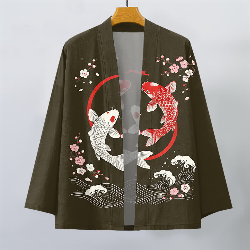 Buddha Stones Baumwollkimono für Herren mit zwei Koi-Karpfen, Sakura-Wellenmuster und offener Vorderseite - image 7