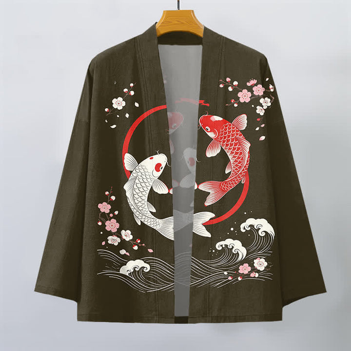 Buddha Stones Baumwollkimono für Herren mit zwei Koi-Karpfen, Sakura-Wellenmuster und offener Vorderseite - image 7