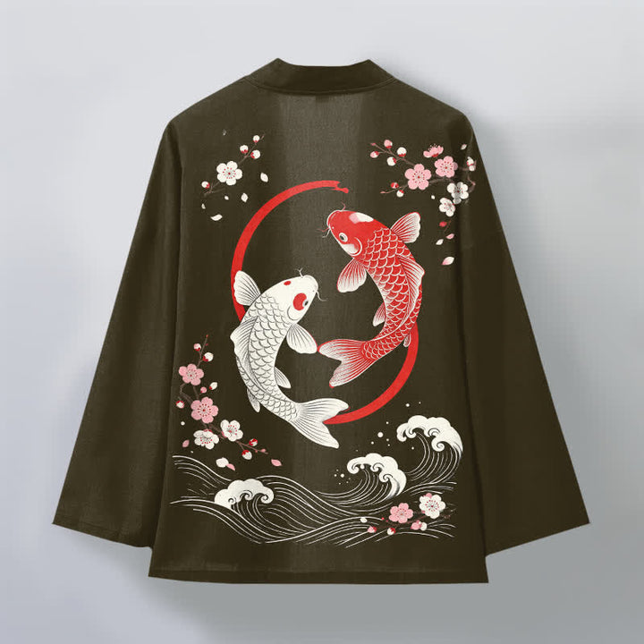 Buddha Stones Baumwollkimono für Herren mit zwei Koi-Karpfen, Sakura-Wellenmuster und offener Vorderseite - image 8