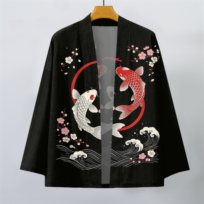 Buddha Stones Baumwollkimono für Herren mit zwei Koi-Karpfen, Sakura-Wellenmuster und offener Vorderseite - image 10