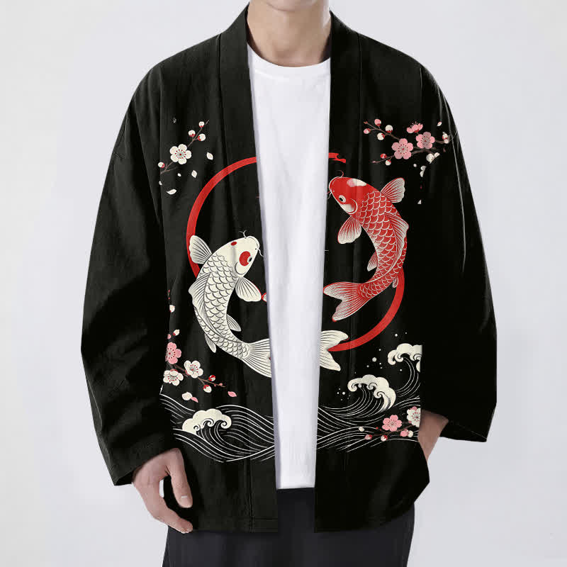 Buddha Stones Baumwollkimono für Herren mit zwei Koi-Karpfen, Sakura-Wellenmuster und offener Vorderseite - Schwarz - US/UK/AU48, EU58 (4XL) - image 9