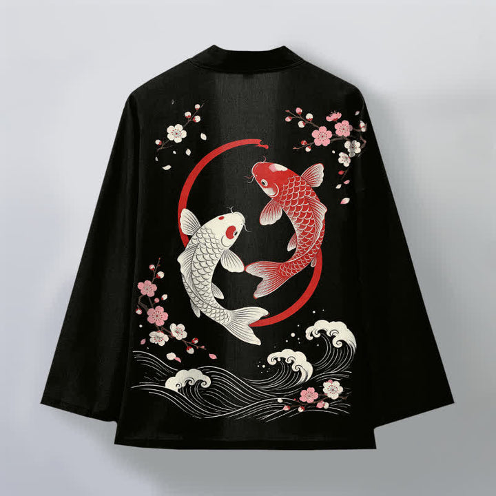 Buddha Stones Baumwollkimono für Herren mit zwei Koi-Karpfen, Sakura-Wellenmuster und offener Vorderseite - image 11