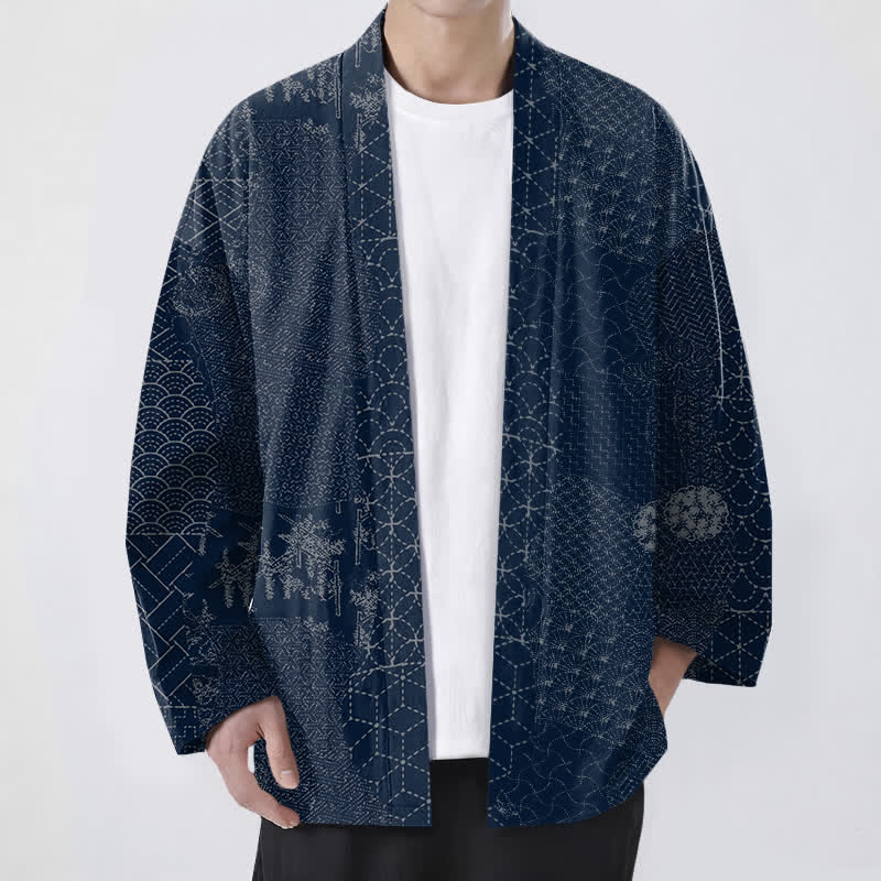 Buddha Stones Baumwollkimono mit Seigaiha-Asanoha-Muster und offener Vorderseite für Herren - Marine - US/UK/AU48, EU58 (4XL) - image 0