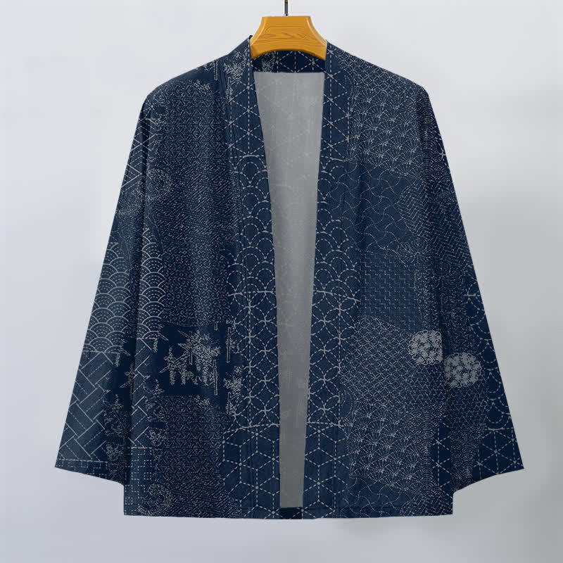 Buddha Stones Baumwollkimono mit Seigaiha-Asanoha-Muster und offener Vorderseite für Herren - image 1