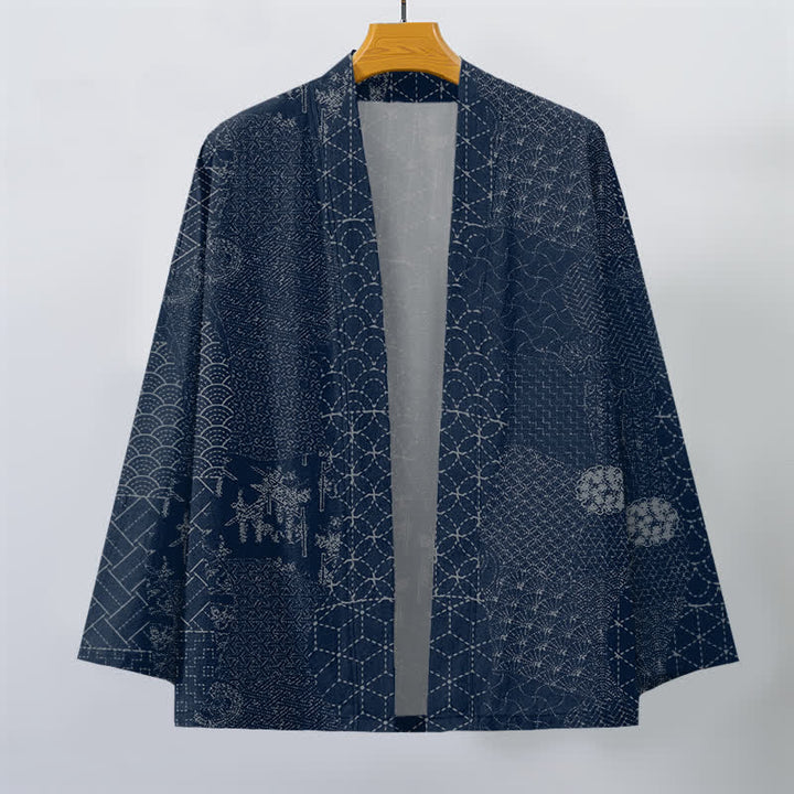 Buddha Stones Baumwollkimono mit Seigaiha-Asanoha-Muster und offener Vorderseite für Herren - image 1