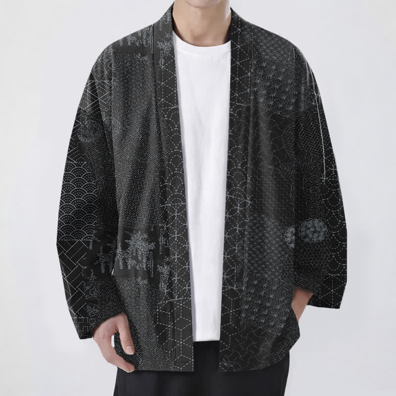 Buddha Stones Baumwollkimono mit Seigaiha-Asanoha-Muster und offener Vorderseite für Herren - Schwarz - US/UK/AU48, EU58 (4XL) - image 6