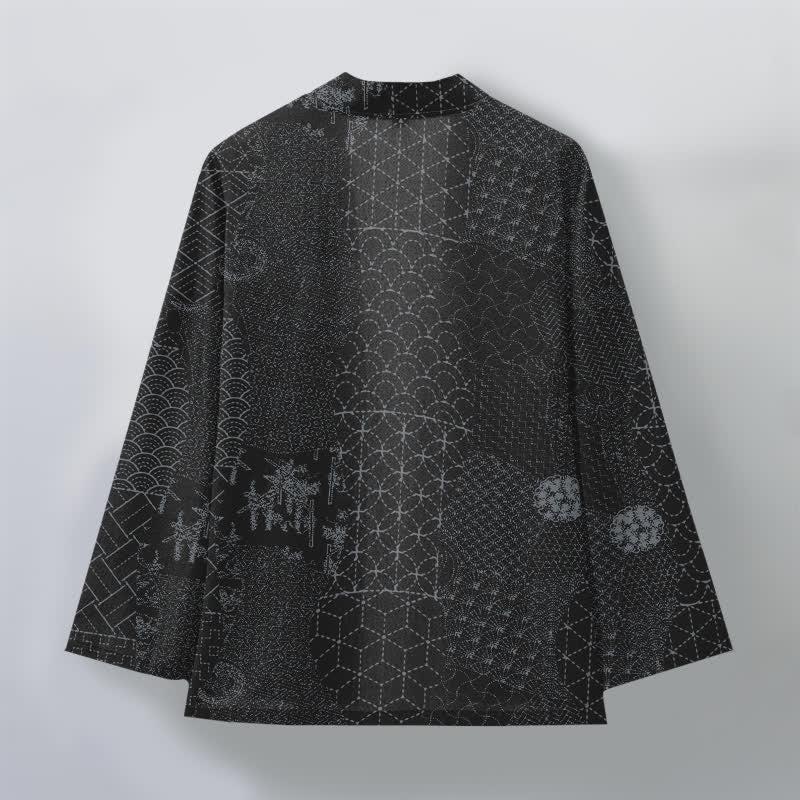 Buddha Stones Baumwollkimono mit Seigaiha-Asanoha-Muster und offener Vorderseite für Herren - image 8